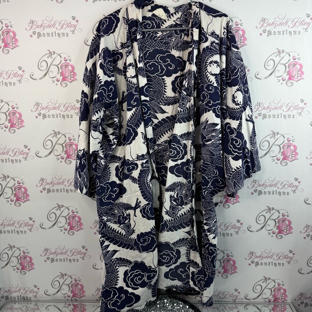 Fp in Tokyo cardigan robe kimono dragon made in Japan, rare Navy White coverup